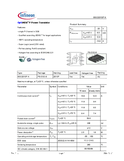 Infineon bso201sp h 1.32  . Electronic Components Datasheets Active components Transistors Infineon bso201sp_h_1.32.pdf