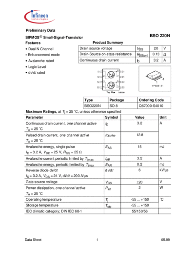 Infineon bso220n  . Electronic Components Datasheets Active components Transistors Infineon bso220n.pdf