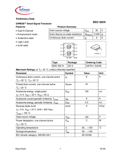 Infineon bso305n  . Electronic Components Datasheets Active components Transistors Infineon bso305n.pdf