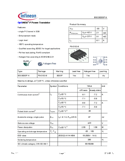 Infineon bso303sp rev1.1  . Electronic Components Datasheets Active components Transistors Infineon bso303sp_rev1.1.pdf
