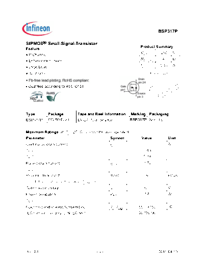 Infineon bsp317p rev21  . Electronic Components Datasheets Active components Transistors Infineon bsp317p_rev21.pdf