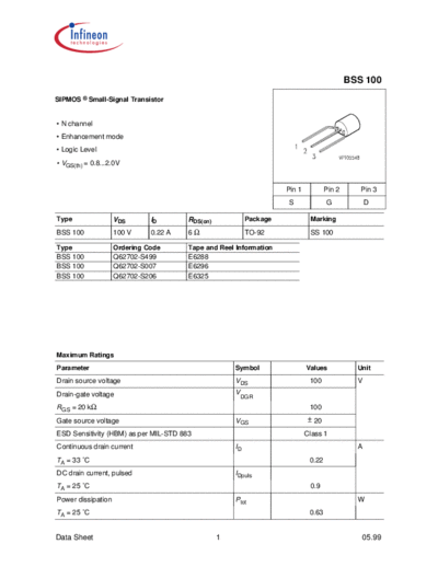 Infineon bss100  . Electronic Components Datasheets Active components Transistors Infineon bss100.pdf