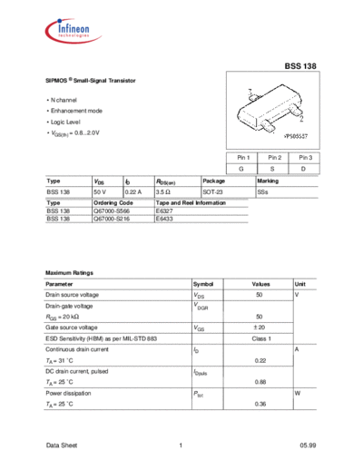 Infineon bss138  . Electronic Components Datasheets Active components Transistors Infineon bss138.pdf