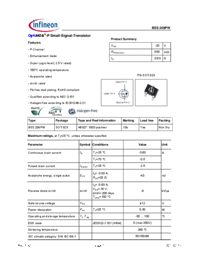 Infineon bss209pw rev1.32 pdf  . Electronic Components Datasheets Active components Transistors Infineon bss209pw_rev1.32_pdf.pdf