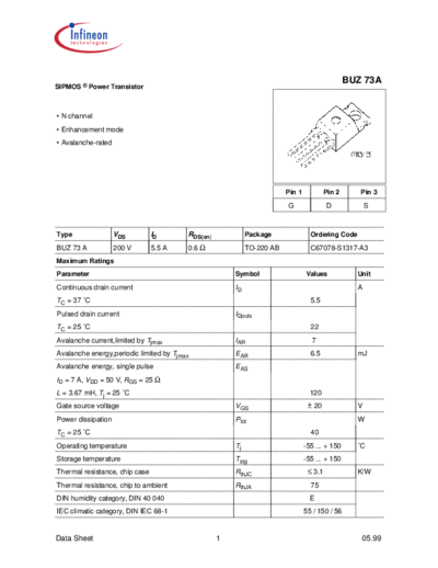 . Electronic Components Datasheets buz73a  . Electronic Components Datasheets Active components Transistors Infineon buz73a.pdf