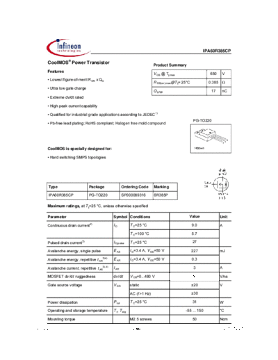 Infineon ipa60r385cp rev2.2  . Electronic Components Datasheets Active components Transistors Infineon ipa60r385cp_rev2.2.pdf