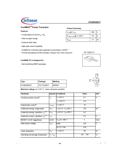 Infineon ipa60r600cp rev2.0  . Electronic Components Datasheets Active components Transistors Infineon ipa60r600cp_rev2.0.pdf