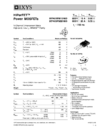 Ixys ixfh15n60 ixfh20n60 ixfm15n60 ixfm20n60  . Electronic Components Datasheets Active components Transistors Ixys ixfh15n60_ixfh20n60_ixfm15n60_ixfm20n60.pdf