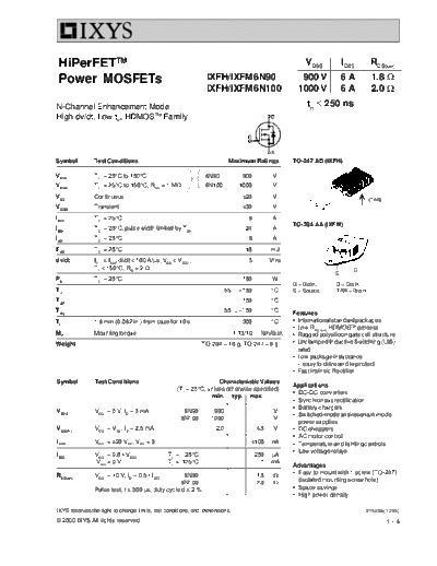 Ixys ixfh6n90 ixfh6n100 ixfm6n90 ixfm6n100  . Electronic Components Datasheets Active components Transistors Ixys ixfh6n90_ixfh6n100_ixfm6n90_ixfm6n100.pdf