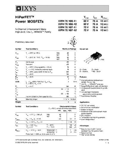 Ixys ixfh76n06-11 ixfh76n07-11 ixfh76n06-12 ixfh76n07-12  . Electronic Components Datasheets Active components Transistors Ixys ixfh76n06-11_ixfh76n07-11_ixfh76n06-12_ixfh76n07-12.pdf