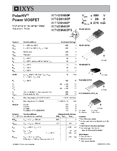 Ixys ixtt26n60p ixtv26n60p ixtv26n60ps ixth26n60p ixtq26n60p  . Electronic Components Datasheets Active components Transistors Ixys ixtt26n60p_ixtv26n60p_ixtv26n60ps_ixth26n60p_ixtq26n60p.pdf