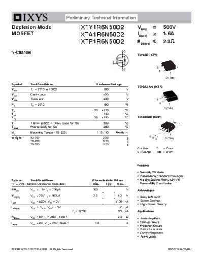 Ixys ixty1r6n50d2 ixta1r6n50d2 ixtp1r6n50d2  . Electronic Components Datasheets Active components Transistors Ixys ixty1r6n50d2_ixta1r6n50d2_ixtp1r6n50d2.pdf