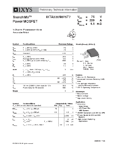 Ixys ixta220n075t7  . Electronic Components Datasheets Active components Transistors Ixys ixta220n075t7.pdf