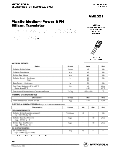 Motorola mje521  . Electronic Components Datasheets Active components Transistors Motorola mje521.pdf