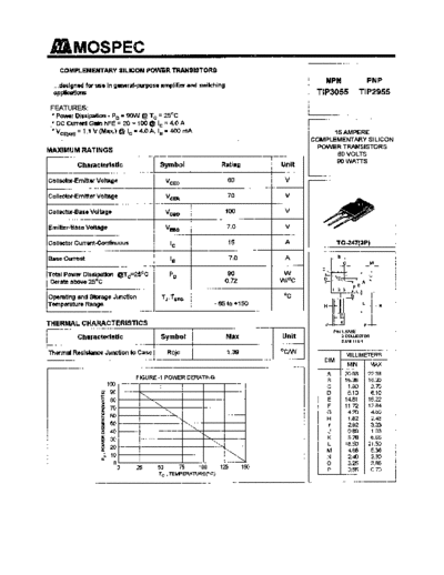 Mospec tip2955 tip3055  . Electronic Components Datasheets Active components Transistors Mospec tip2955_tip3055.pdf