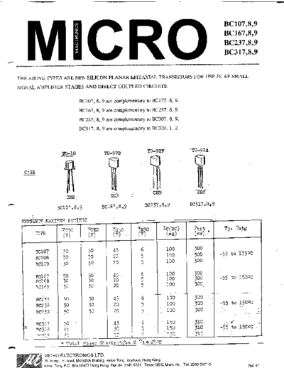 MicroElectronics bc107 bc108 bc109 bc167 bc168 bc169 bc237 bc238 bc239 bc317 bc318 bc319 . Electronic Components Datasheets Active components Transistors MicroElectronics bc107_bc108_bc109_bc167_bc168_bc169_bc237_bc238_bc239_bc317_bc318_bc319.pdf