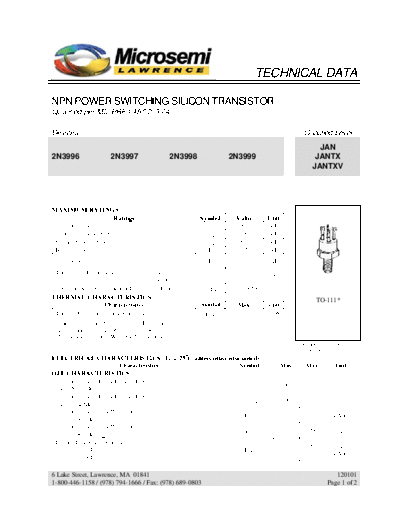 Microsemi 2n3996-99  . Electronic Components Datasheets Active components Transistors Microsemi 2n3996-99.pdf