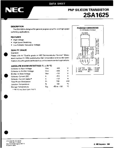NEC 2sa1625  . Electronic Components Datasheets Active components Transistors NEC 2sa1625.pdf