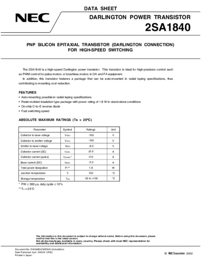 NEC 2sa1840  . Electronic Components Datasheets Active components Transistors NEC 2sa1840.pdf