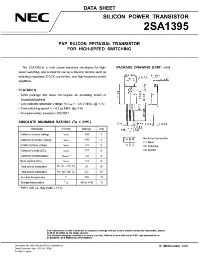 NEC 2sa1395  . Electronic Components Datasheets Active components Transistors NEC 2sa1395.pdf