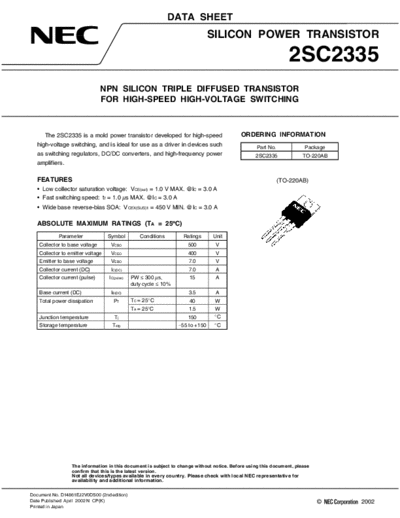 NEC 2sc2335  . Electronic Components Datasheets Active components Transistors NEC 2sc2335.pdf