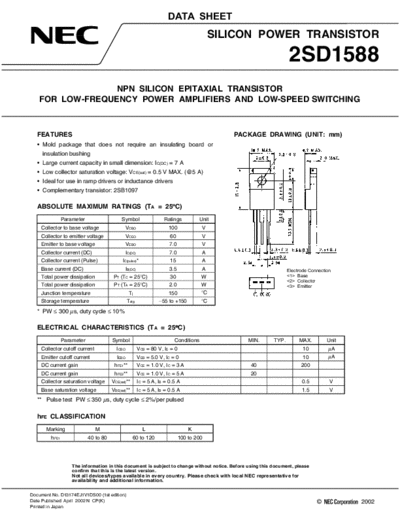 NEC 2sd1588  . Electronic Components Datasheets Active components Transistors NEC 2sd1588.pdf