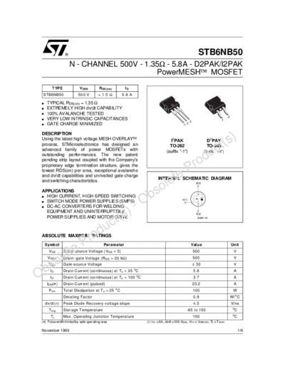 ST stb6nb50  . Electronic Components Datasheets Active components Transistors ST stb6nb50.pdf