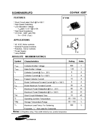 Samsung sgw5n60rufd  . Electronic Components Datasheets Active components Transistors Samsung sgw5n60rufd.pdf