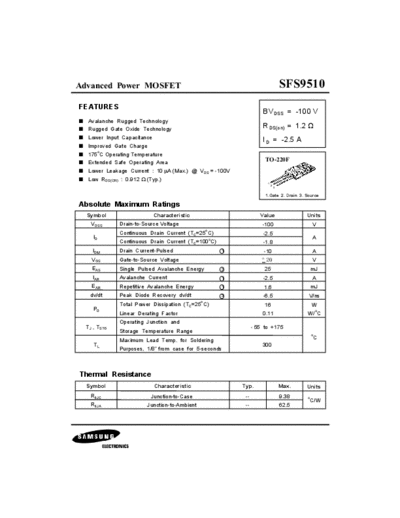 Samsung sfs9510  . Electronic Components Datasheets Active components Transistors Samsung sfs9510.pdf