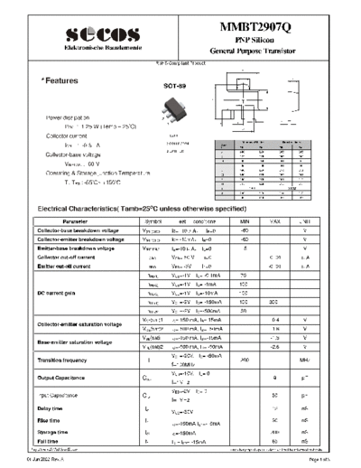 Secos mmbt2907q  . Electronic Components Datasheets Active components Transistors Secos mmbt2907q.pdf