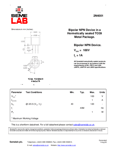 Semelab 2n4001  . Electronic Components Datasheets Active components Transistors Semelab 2n4001.pdf