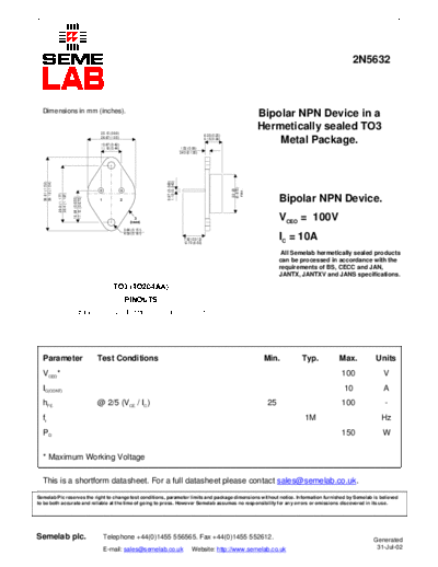 Semelab 2n5632  . Electronic Components Datasheets Active components Transistors Semelab 2n5632.pdf