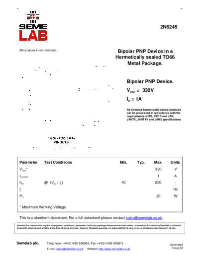 Semelab 2n6245  . Electronic Components Datasheets Active components Transistors Semelab 2n6245.pdf