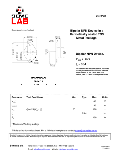 Semelab 2n6270  . Electronic Components Datasheets Active components Transistors Semelab 2n6270.pdf