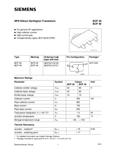 Siemens bcp29 bcp49  . Electronic Components Datasheets Active components Transistors Siemens bcp29_bcp49.pdf