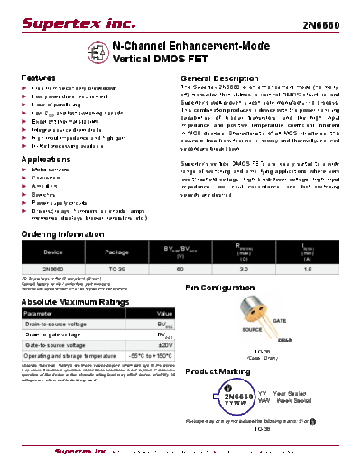Supertex 2n6660  . Electronic Components Datasheets Active components Transistors Supertex 2n6660.pdf