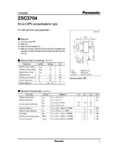 Panasonic 2sc3704  . Electronic Components Datasheets Active components Transistors Panasonic 2sc3704.pdf