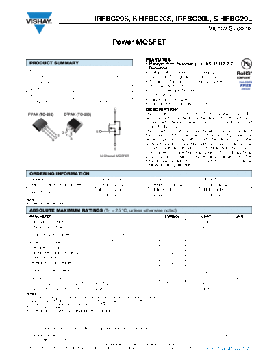 Vishay irfbc20s sihfbc20s irfbc20l sihfbc20l  . Electronic Components Datasheets Active components Transistors Vishay irfbc20s_sihfbc20s_irfbc20l_sihfbc20l.pdf