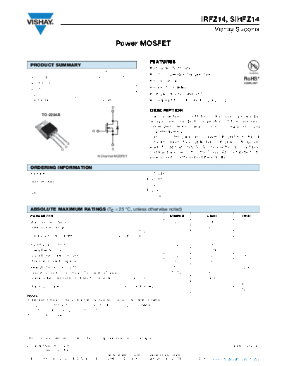 Vishay irfz14 sihfz14  . Electronic Components Datasheets Active components Transistors Vishay irfz14_sihfz14.pdf