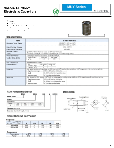 Meritek [snap-in] MUY Series  . Electronic Components Datasheets Passive components capacitors Meritek Meritek [snap-in] MUY Series.pdf