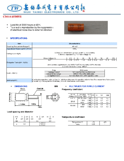TW [Wuxi Taiwei] TW [radial thru-hole] CD114 Series  . Electronic Components Datasheets Passive components capacitors TW [Wuxi Taiwei] TW [radial thru-hole] CD114 Series.pdf