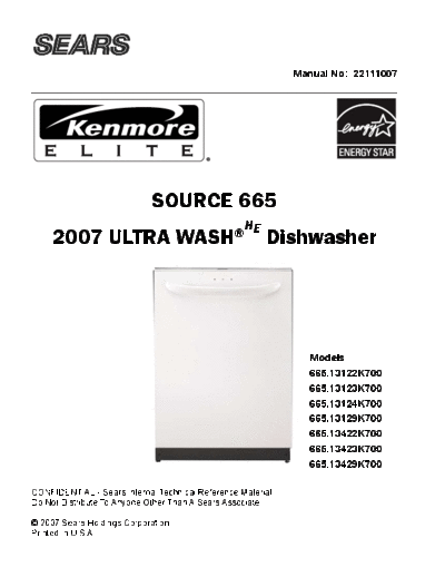 Sears 22111007 Kenmore Elite Source 665 2007 Ultra Wash HE Dishwasher Service Manual . Rare and Ancient Equipment Sears 22111007 Sears Kenmore Elite Source 665 2007 Ultra Wash HE Dishwasher Service Manual.pdf