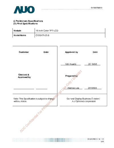 . Various Panel AUO G150XTN05-0 2 [DS]  . Various LCD Panels Panel_AUO_G150XTN05-0_2_[DS].pdf