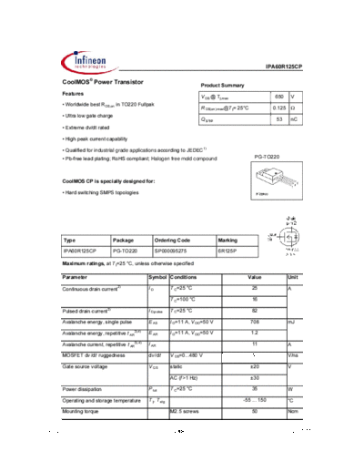 Infineon ipa60r125cp rev2.1  . Electronic Components Datasheets Active components Transistors Infineon ipa60r125cp_rev2.1.pdf