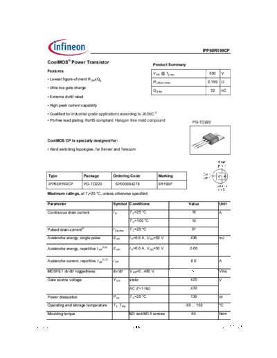 Infineon ipp60r199cp rev2.2a  . Electronic Components Datasheets Active components Transistors Infineon ipp60r199cp_rev2.2a.pdf
