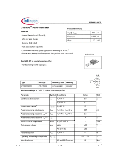 Infineon ipp60r385cp rev2.2  . Electronic Components Datasheets Active components Transistors Infineon ipp60r385cp_rev2.2.pdf