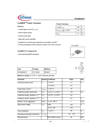 Infineon ipp60r600cp rev2.0  . Electronic Components Datasheets Active components Transistors Infineon ipp60r600cp_rev2.0.pdf