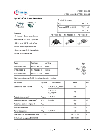 Infineon ipp70n10s3 ipb70n10s3 ipi70n10s3-12  . Electronic Components Datasheets Active components Transistors Infineon ipp70n10s3_ipb70n10s3_ipi70n10s3-12.pdf