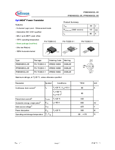 Infineon ipp80n06s2l-05 ipb80n06s2l-05 ipi80n06s2l-05 green  . Electronic Components Datasheets Active components Transistors Infineon ipp80n06s2l-05_ipb80n06s2l-05_ipi80n06s2l-05_green.pdf
