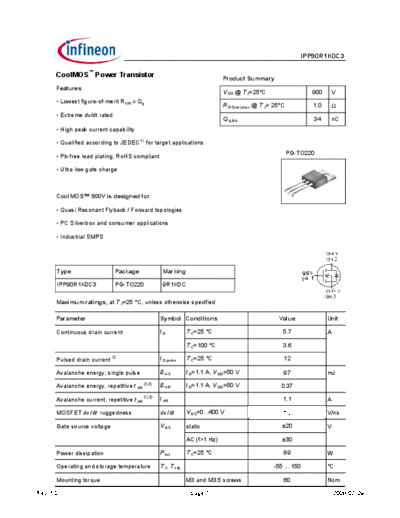 Infineon ipp90r1k0c3 1[1].0  . Electronic Components Datasheets Active components Transistors Infineon ipp90r1k0c3_1[1].0.pdf